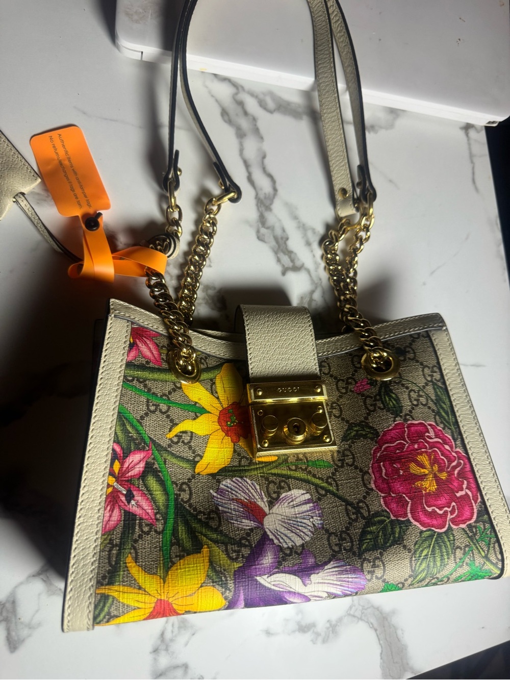 Designer Floral Chain-Handle Shoulder Bag in Beige Floral